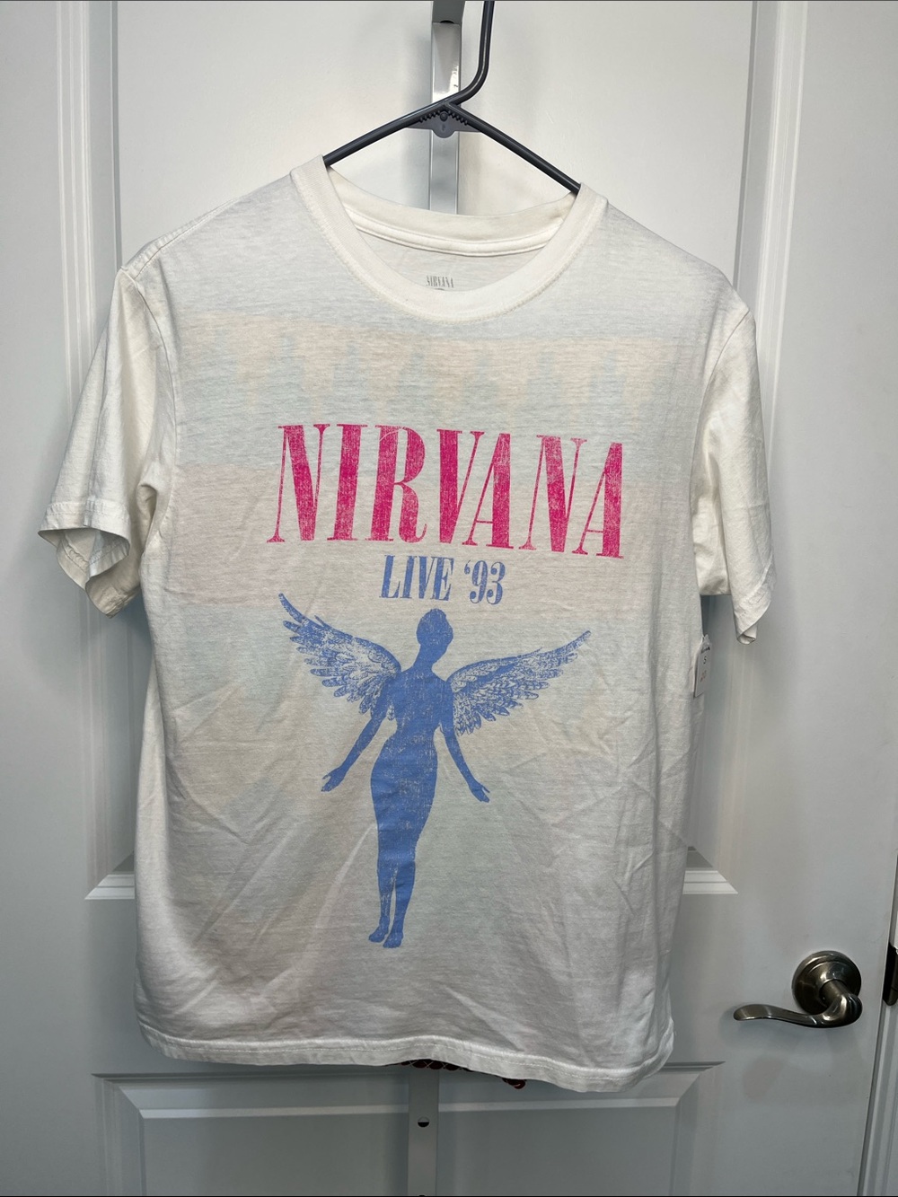 NIRVANA Live ‘93 White Tee with Pink Logo and Blue Angel Graphic Small